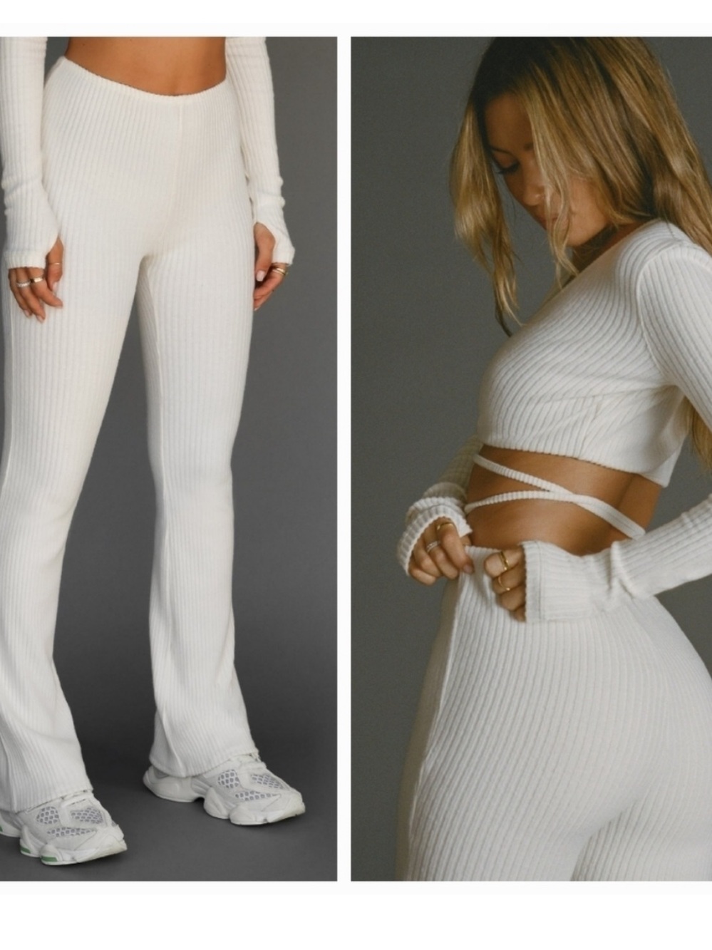 Joah Brown Cream Ribbed Mini Flare Knit Luxe Pants Natural XS/S